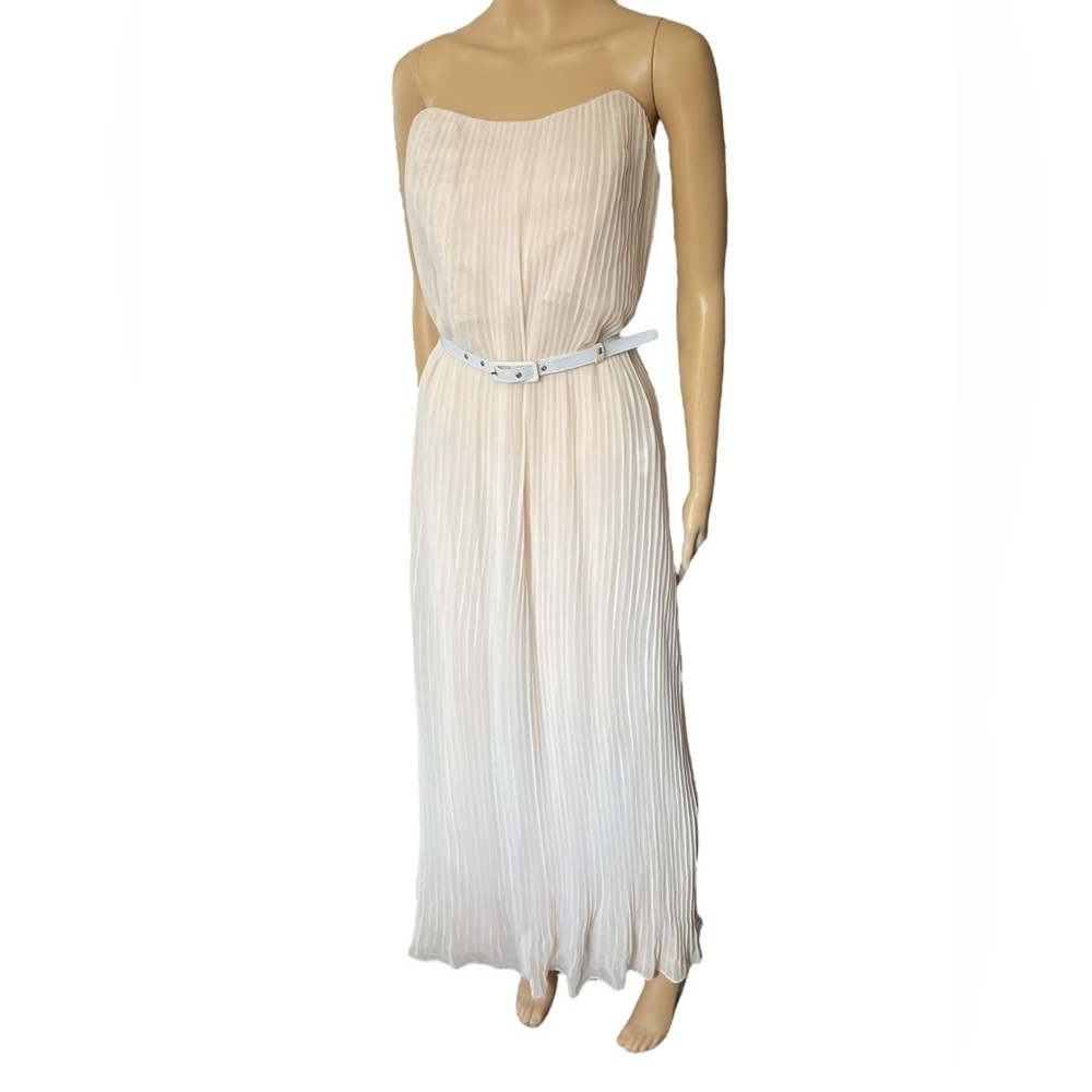 Venus Champagne Cream Elegant Formal Pleated Bustier Strapless Belted Maxi Dress